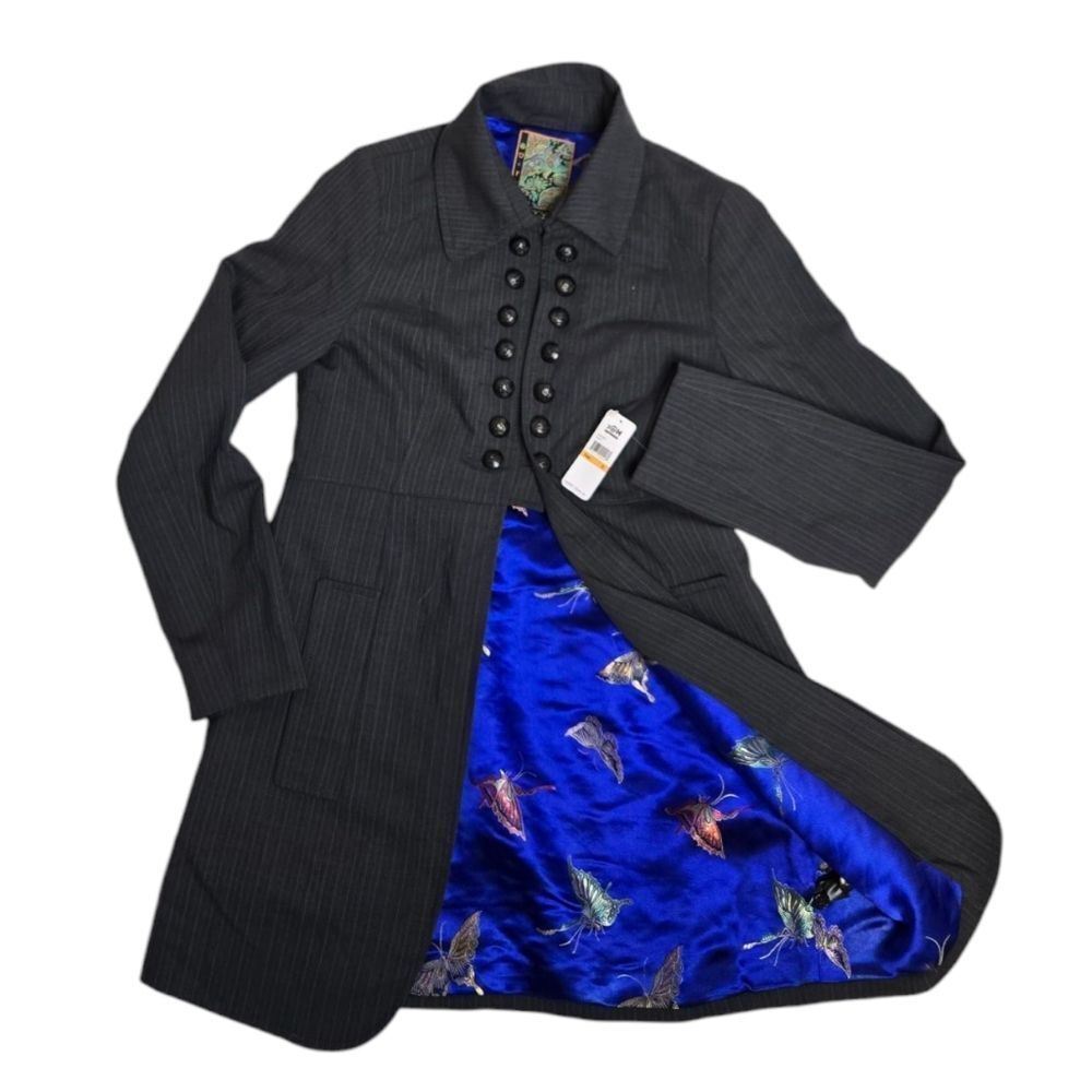 New Y2k 2oh Pinstripe Military Steampunk Butterfly Lining Peacoat Jacket S